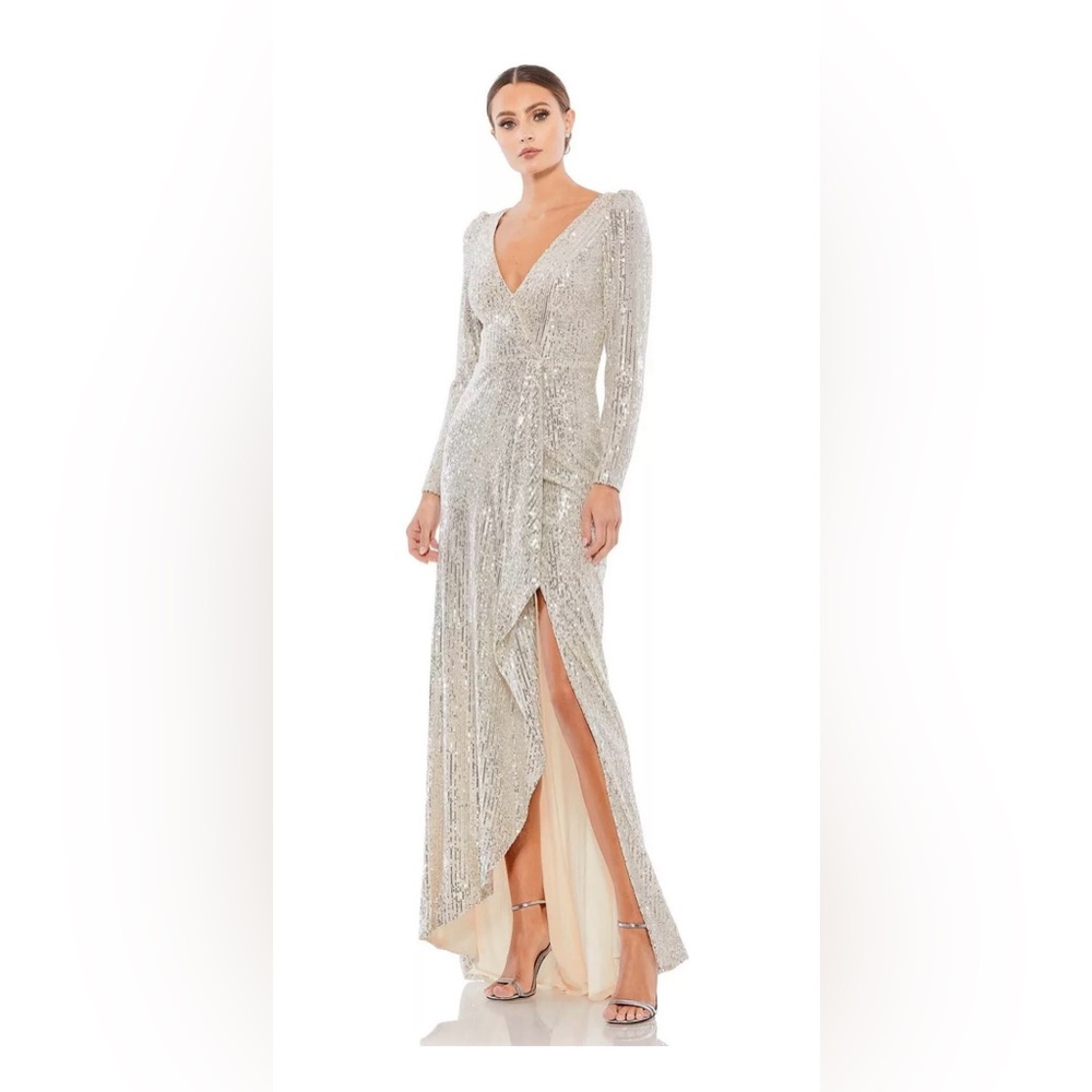 IEENA MAC DUGGAL - SILVER LONG SLEEVE SEQUIN WRAP GOWN- SIZE 4